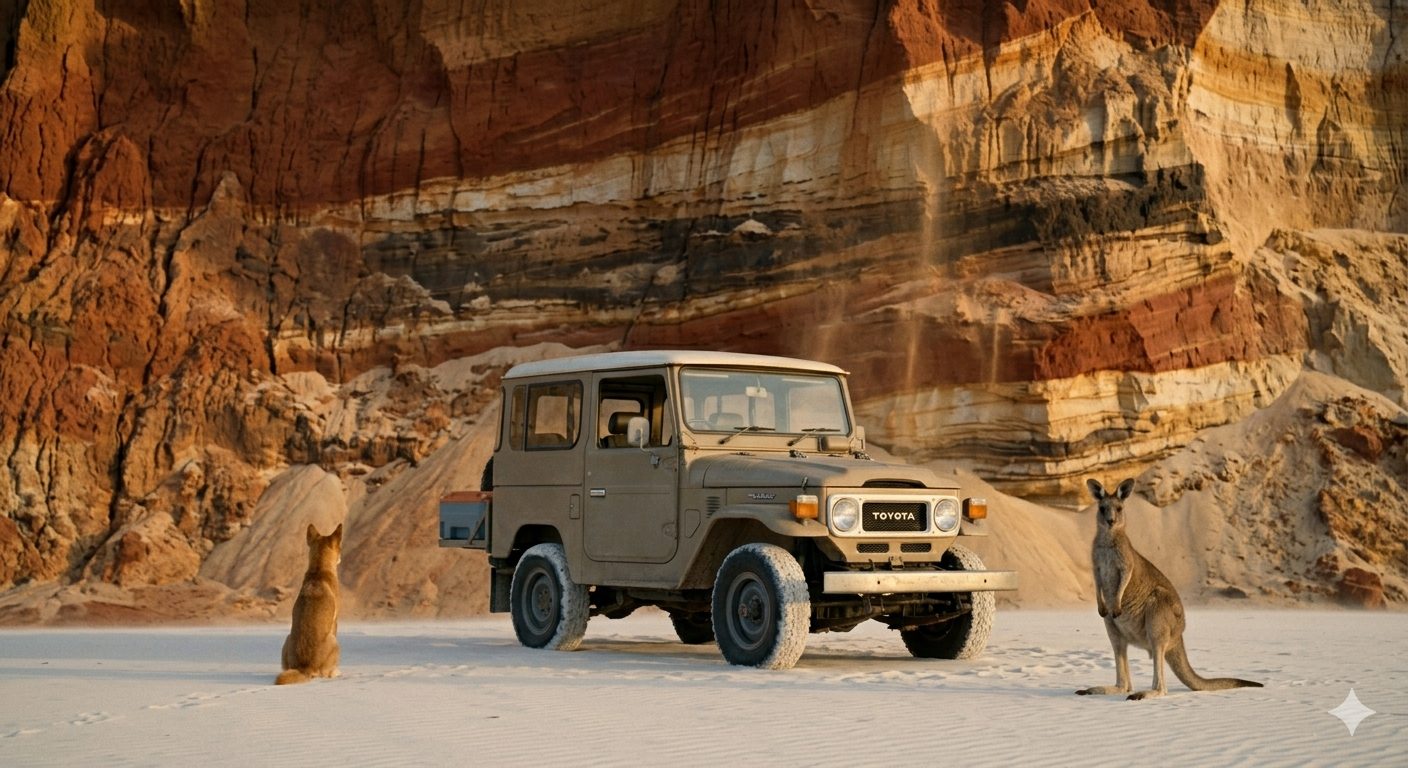Toyota cruiser on Australian beach with kangaroo